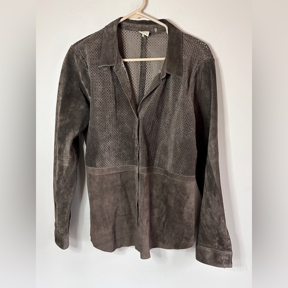 ECRU Brown Suede Perforated Button Down Overshirt Shacket Boho Western | Size L - Picture 3 of 16